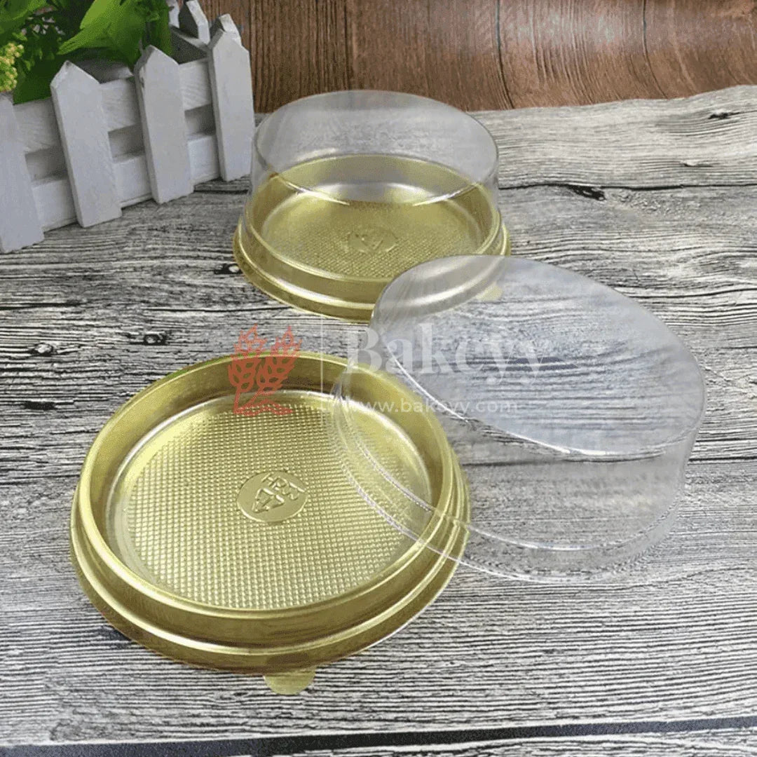 Bento Cake Container || Round Golden Plastic Cake Container with Clear Dome Lid || Individual Pastry Container|| - Bakeyy.com - India - Bento Cake Container || Round Golden Plastic Cake Container with Clear Dome Lid || Individual Pastry Container|| - Gold / Pack of 50