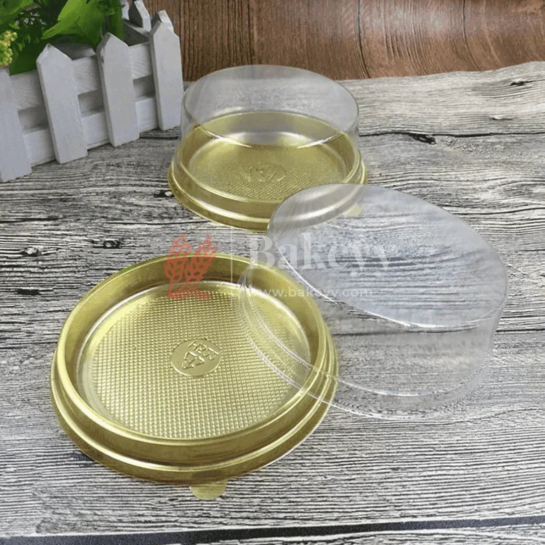 Bento Cake Container || Round Golden Plastic Cake Container with Clear Dome Lid || Individual Pastry Container|| - Bakeyy.com - India - Bento Cake Container || Round Golden Plastic Cake Container with Clear Dome Lid || Individual Pastry Container|| - Gold / Pack of 50