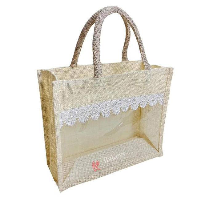 35x30x13cm | Large |Transparent Window Jute Gift Bag with Lace Design – Ideal for Gifting & Display | 1pcc - Bakeyy.com - India - 35x30x13cm | Large |Transparent Window Jute Gift Bag with Lace Design – Ideal for Gifting & Display | 1pcc - Default Title