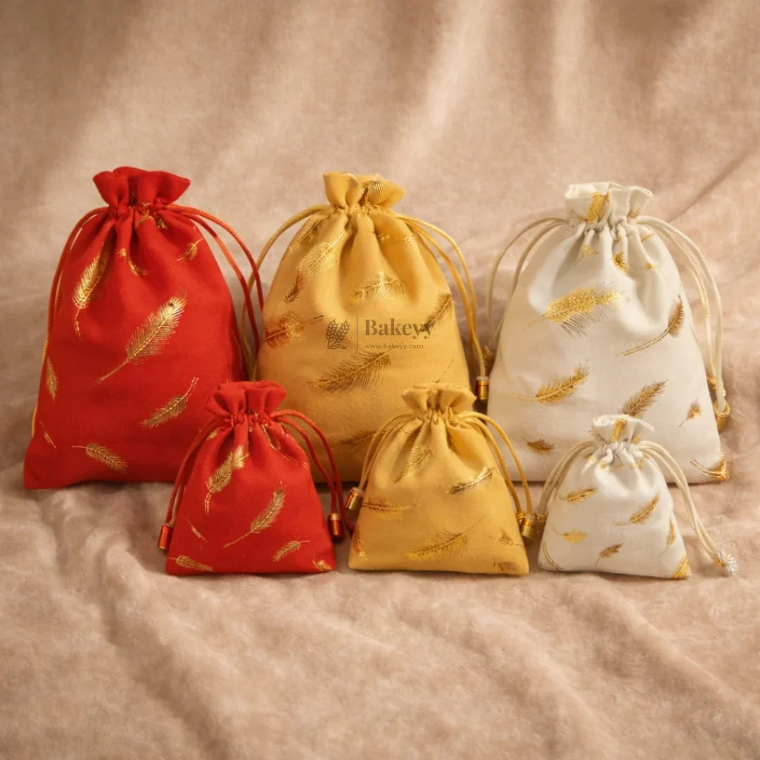 Premium Velvet Potli Bags for Gifting & Packaging l gold feather print Potil Bags l Pack of 10 - Bakeyy.com - India - Premium Velvet Potli Bags for Gifting & Packaging l gold feather print Potil Bags l Pack of 10 - Red / 10x14 200.00