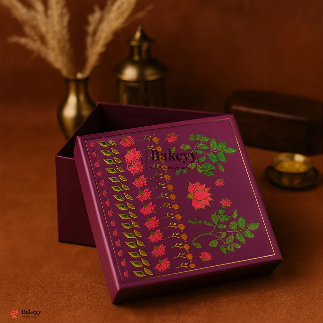 Floral Printed Premium Square Gift Box – Purple | Reusable Rigid Hamper Packaging | Pack Of 1
