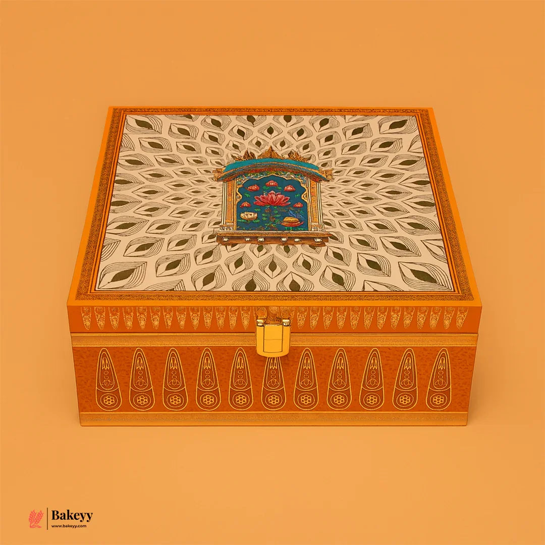 Royal Lotus Design Orange Square Gift Box with Golden Satin Lining | Pack of 1 - Bakeyy.com - India - Royal Lotus Design Orange Square Gift Box with Golden Satin Lining | Pack of 1 - Default Title