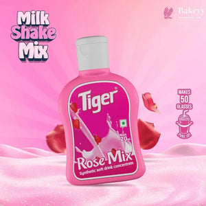 Pink bottle of Tiger Rose Mix shake mix on a pink background with decorative elements.