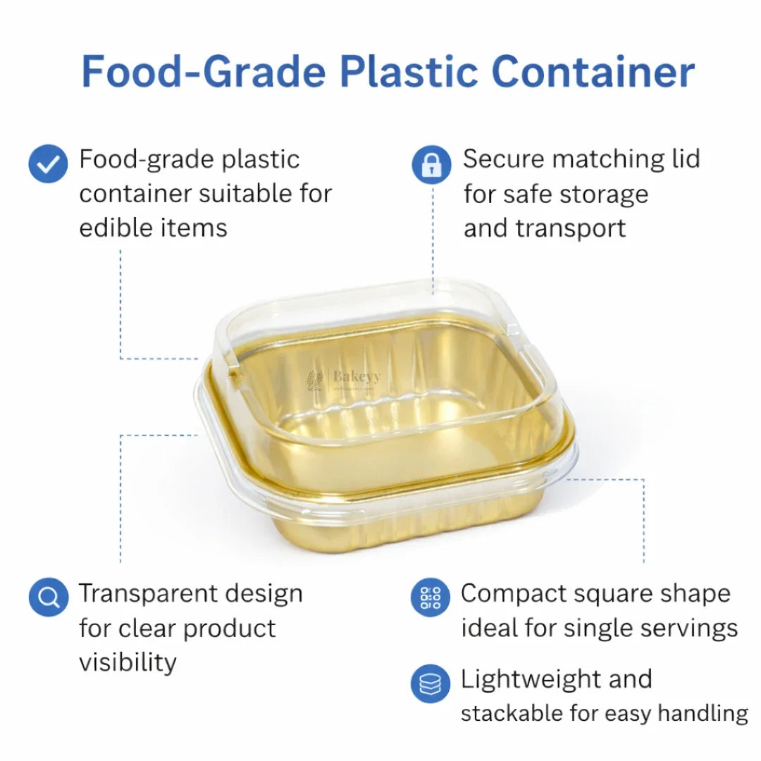 Bakeyy food-grade gold plastic container with clear lid, ideal for single serve bakery packaging