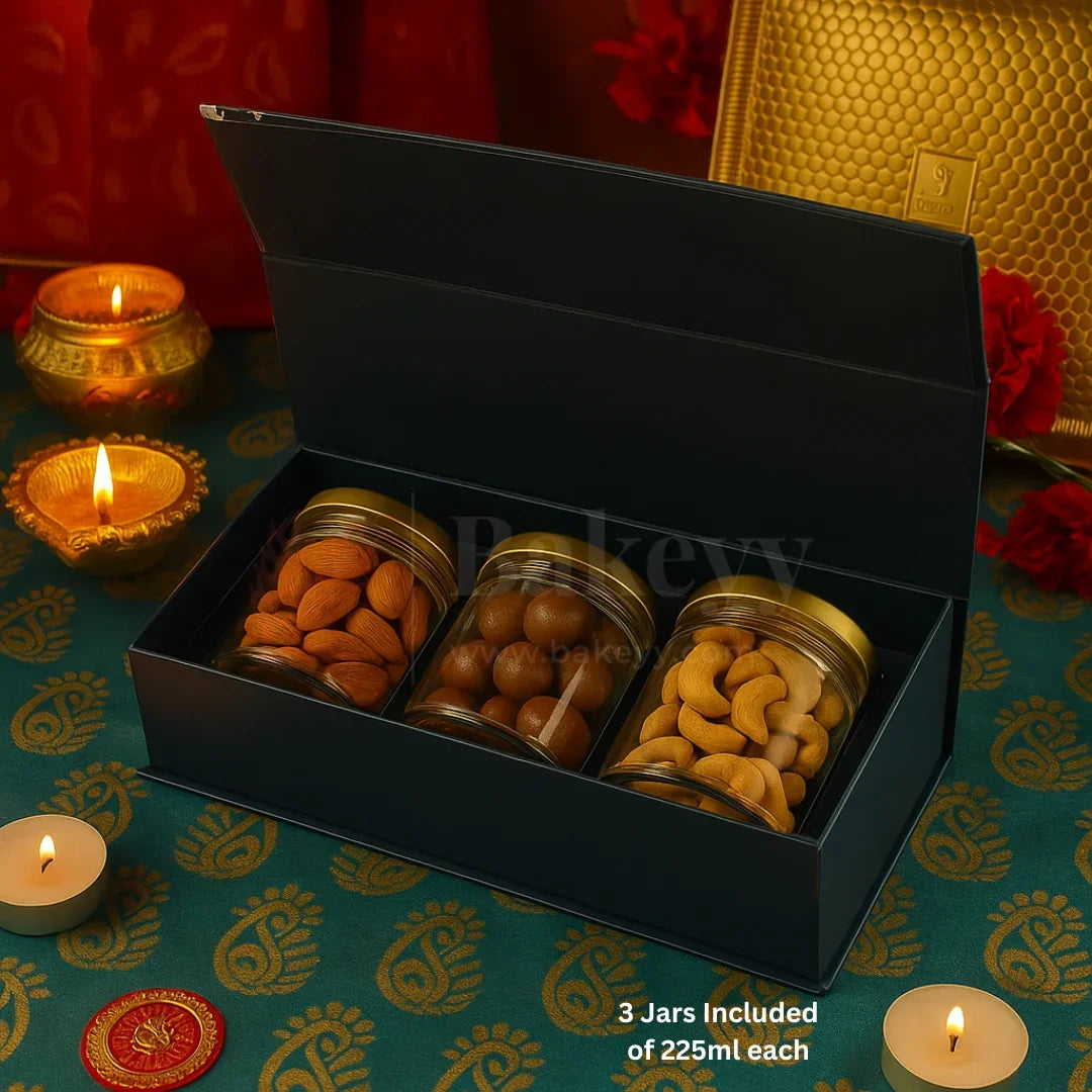 Royal Blue Printed Hamper Box with 3 PET Jars| 1 Piece - Bakeyy.com - India - Royal Blue Printed Hamper Box with 3 PET Jars| 1 Piece - Default Title