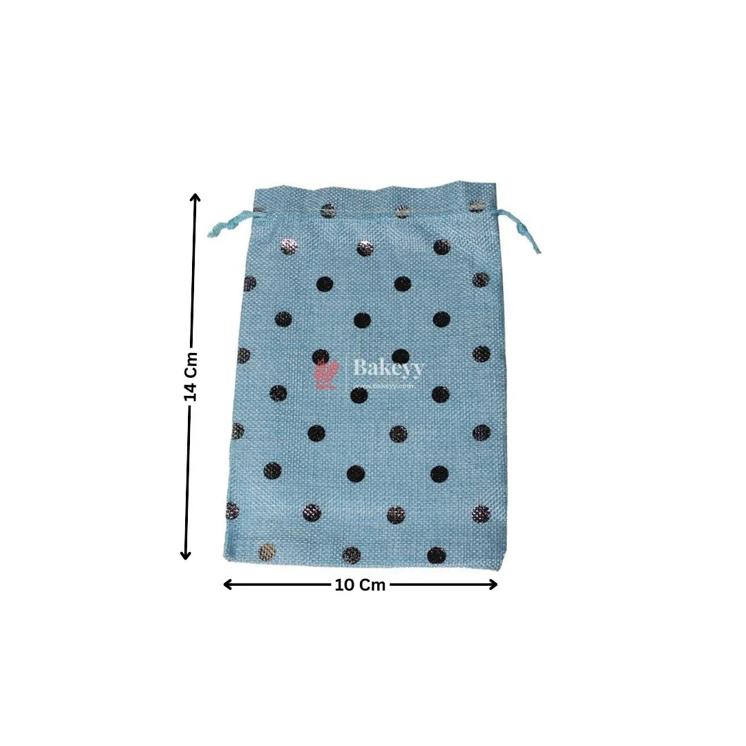 Sky Blue With Silver Dots Premium Colour Jute Potli Bags | Pack Of 10