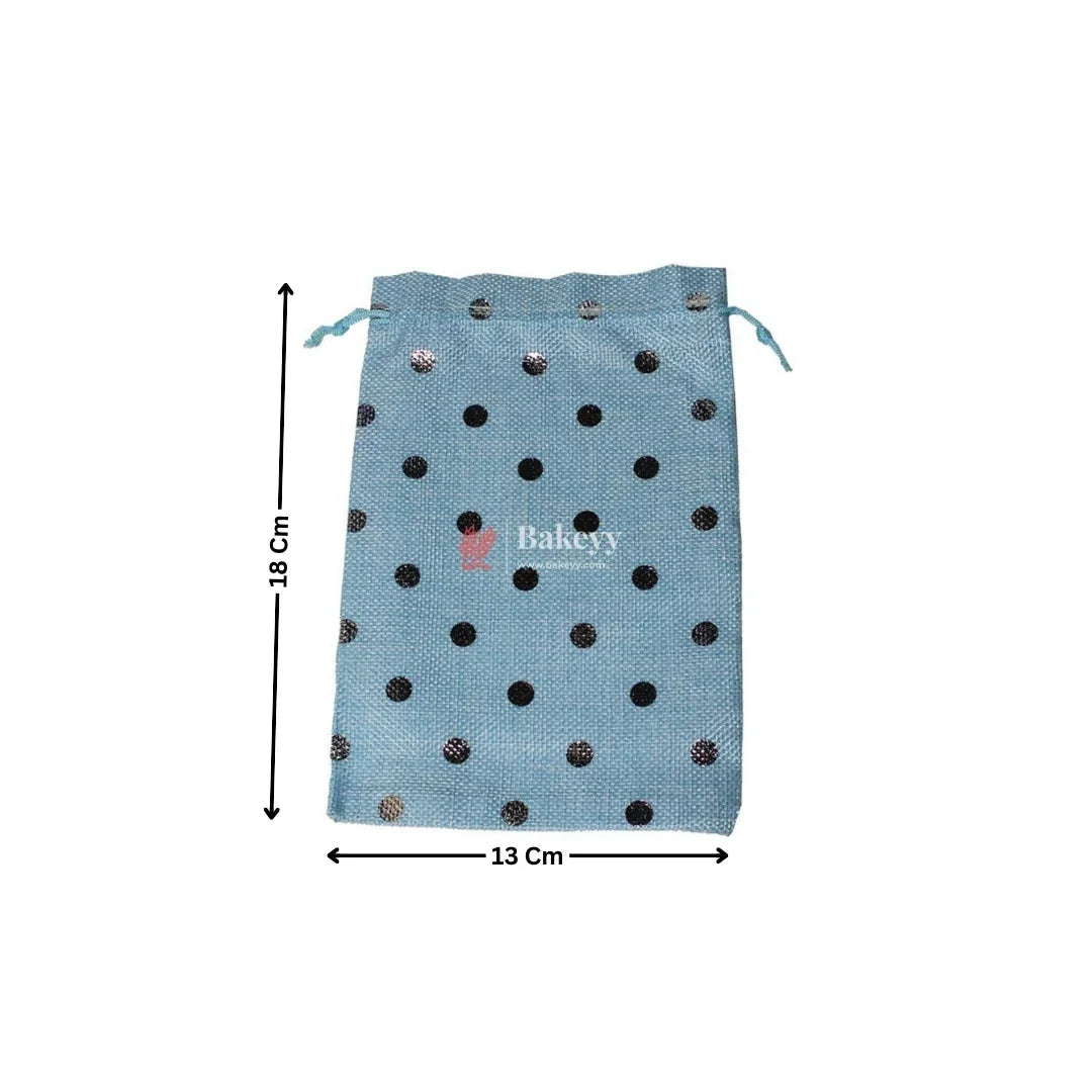 Sky Blue With Silver Dots Premium Colour Jute Potli Bags | Pack Of 10