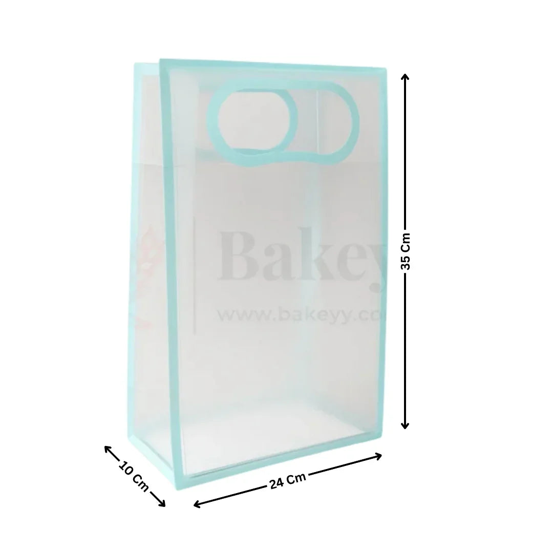 Transparent Gift Bag - Light Blue | Oval‑Cut Handle| Pack Of 12 - Bakeyy.com - India - Transparent Gift Bag - Light Blue | Oval‑Cut Handle| Pack Of 12 - 35x24x10 Cm