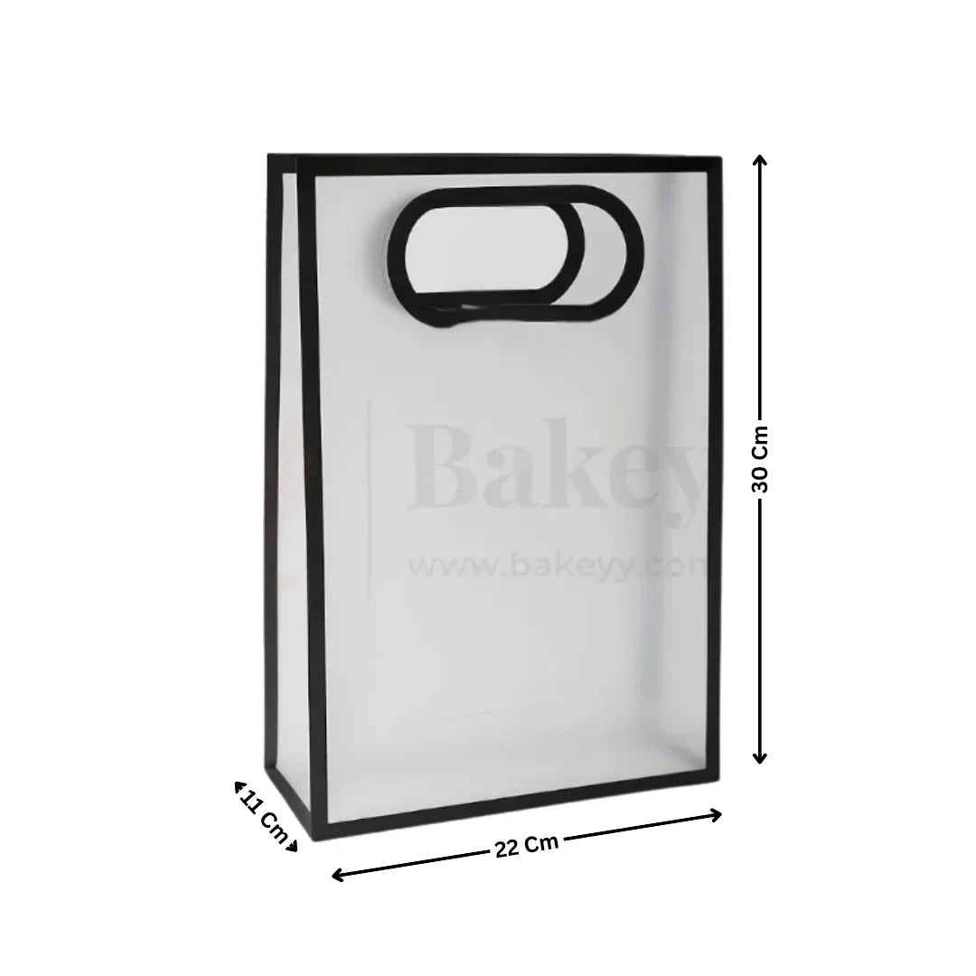 Transparent Gift Bag - Black | Oval‑Cut Handle| Pack Of 12 - Bakeyy.com - India - Transparent Gift Bag - Black | Oval‑Cut Handle| Pack Of 12 - 30x22x11 Cm