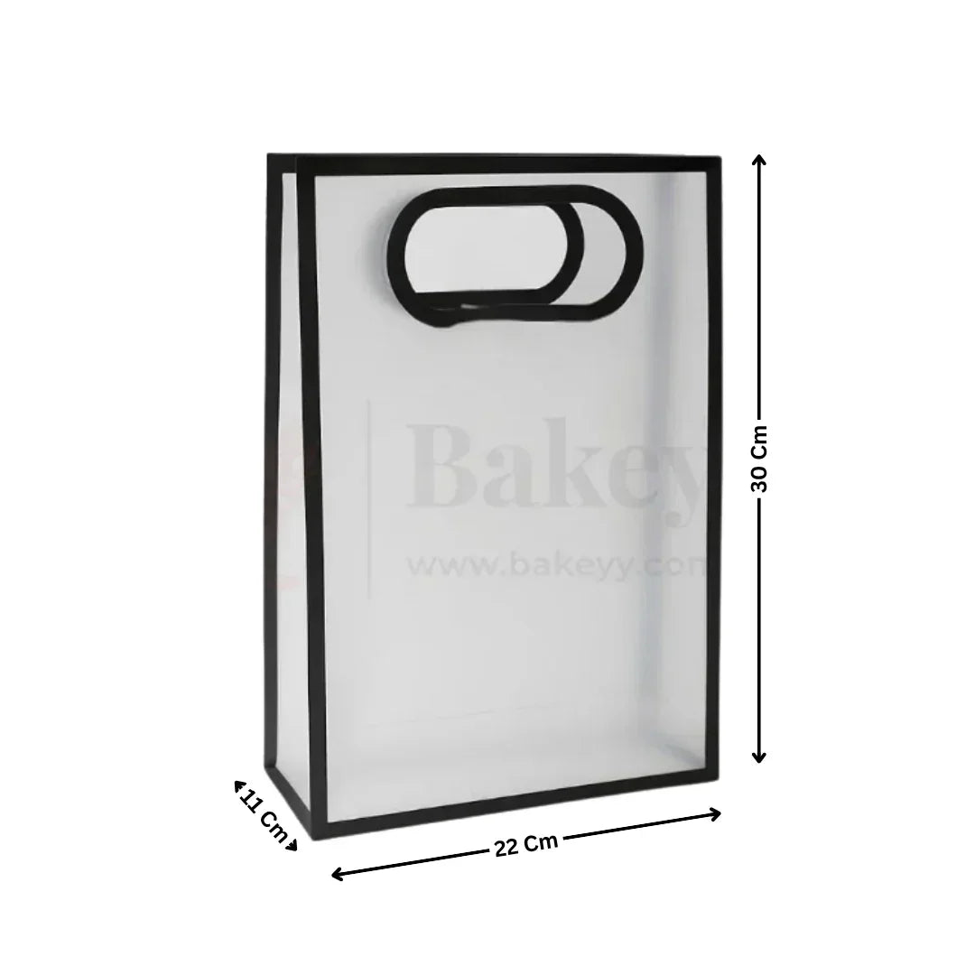 Transparent Gift Bag - Black | Oval‑Cut Handle| Pack Of 12 - Bakeyy.com - India - Transparent Gift Bag - Black | Oval‑Cut Handle| Pack Of 12 - 30x22x11 Cm