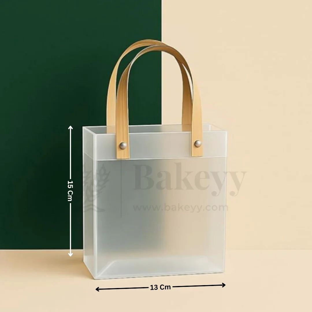 Frosted Matte Gift Bag with Wood-Textured Handles | Translucent PVC Party Favor & Retail Packaging | Pack Of 12
