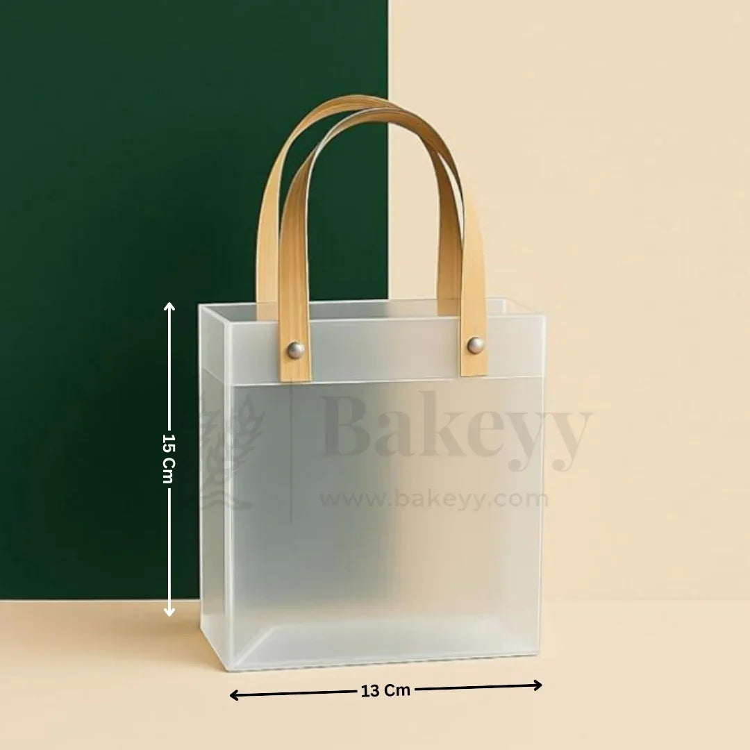 Frosted Matte Gift Bag with Wood-Textured Handles | Translucent PVC Party Favor & Retail Packaging | Pack Of 12 - Bakeyy.com - India - Frosted Matte Gift Bag with Wood-Textured Handles | Translucent PVC Party Favor & Retail Packaging | Pack Of 12 - 15x13x6 Cm