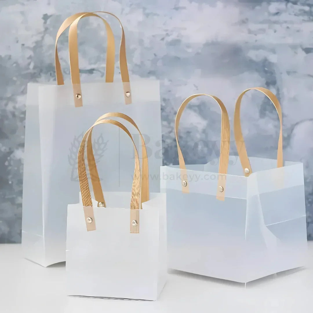 Frosted Matte Gift Bag with Wood-Textured Handles | Translucent PVC Party Favor & Retail Packaging | Pack Of 12 - Bakeyy.com - India - Frosted Matte Gift Bag with Wood-Textured Handles | Translucent PVC Party Favor & Retail Packaging | Pack Of 12 - 15x13x6 Cm