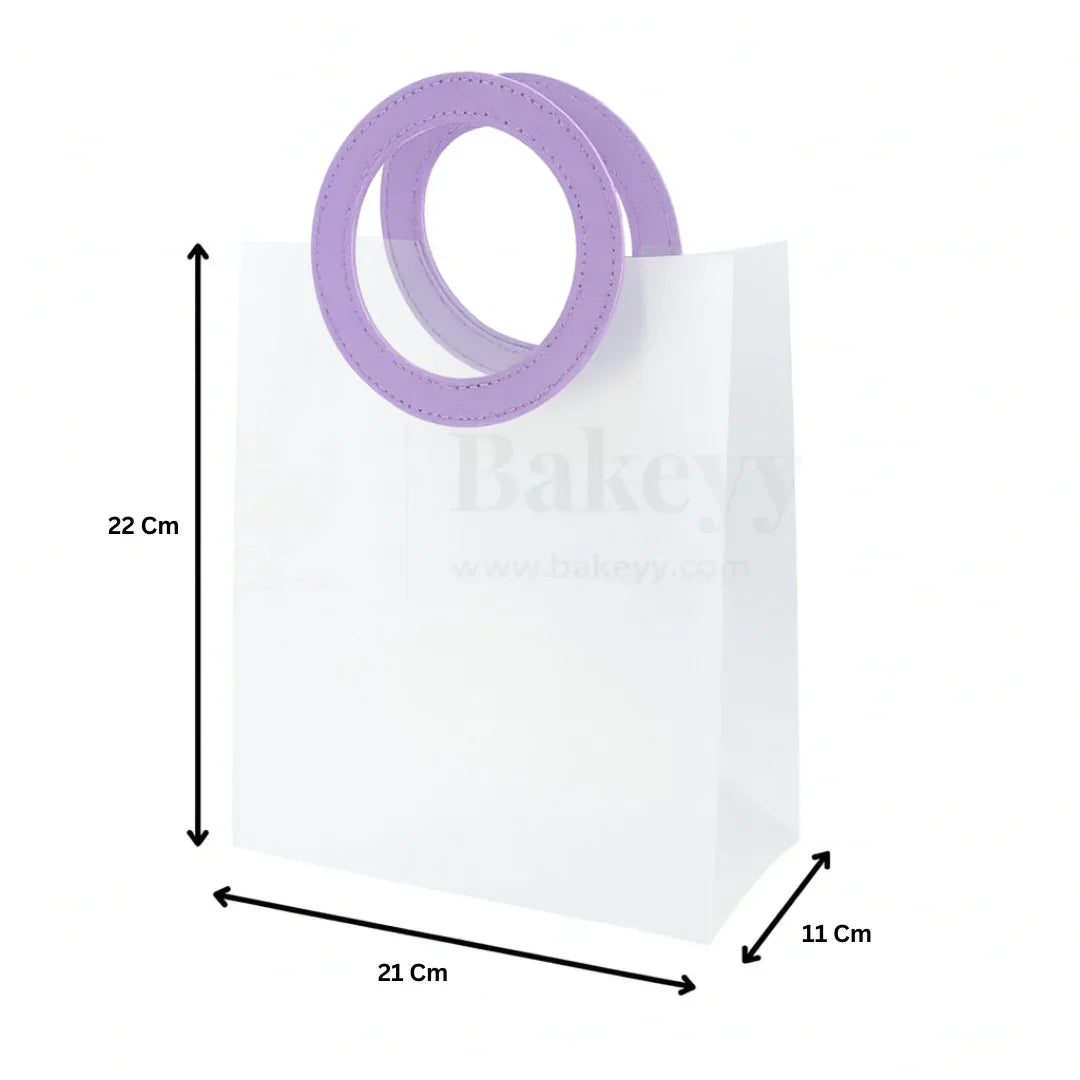 Transparent Bags With Leather Style Lavender Colour Handles | Pack of 12 - Bakeyy.com - India - Transparent Bags With Leather Style Lavender Colour Handles | Pack of 12 - 22x21x11Cm