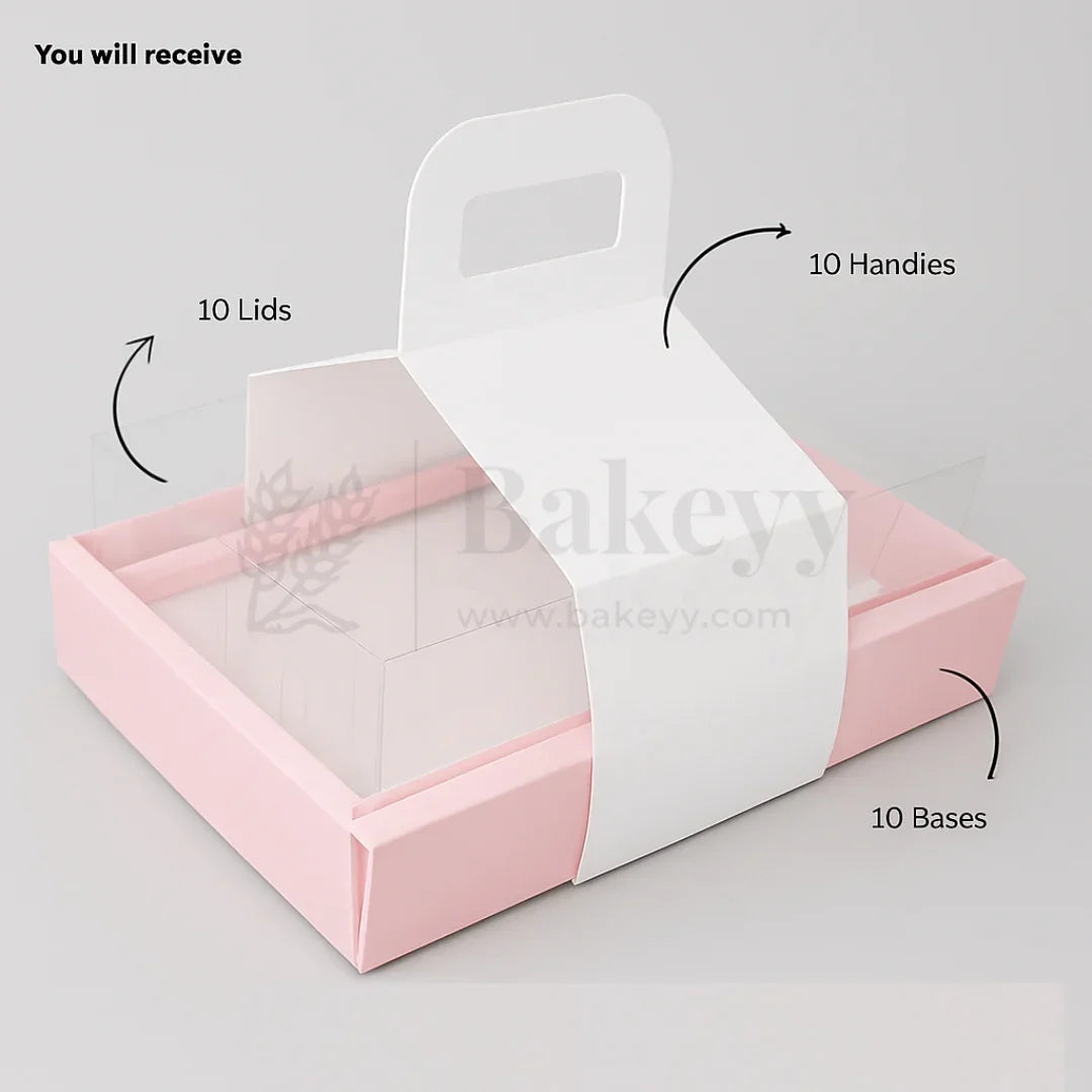 Double Wall Hamper Box with Fit in Transparent Lid and Pink Base and Handle| Pack of 10 - Bakeyy.com - India - Double Wall Hamper Box with Fit in Transparent Lid and Pink Base and Handle| Pack of 10 - Default Title