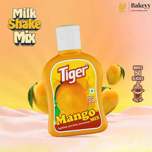 Tiger Mango Milk Shake Mix bottle with mangoes on a peach background, featuring the Bakeyy brand.