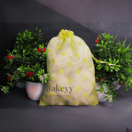 16x20 CM | Floral Dots Designs Organza Potli Bags | Pack of 50 | Yellow Color | Candy Bag - Bakeyy.com - India - 16x20 CM | Floral Dots Designs Organza Potli Bags | Pack of 50 | Yellow Color | Candy Bag - Default Title