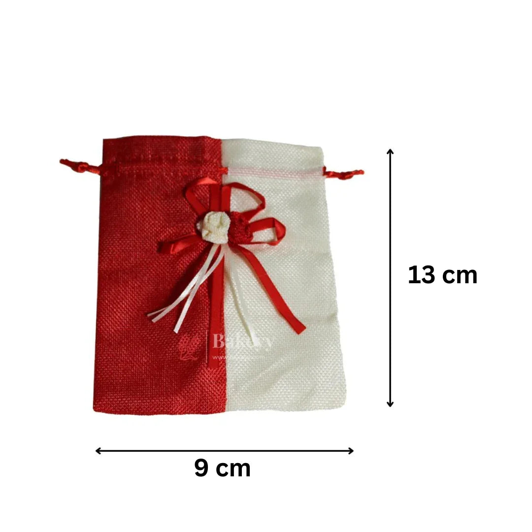 Red & Cream Dual Colour Jute Potli Bag with Floral Accent | Traditional Potli Bag | Pack of 10