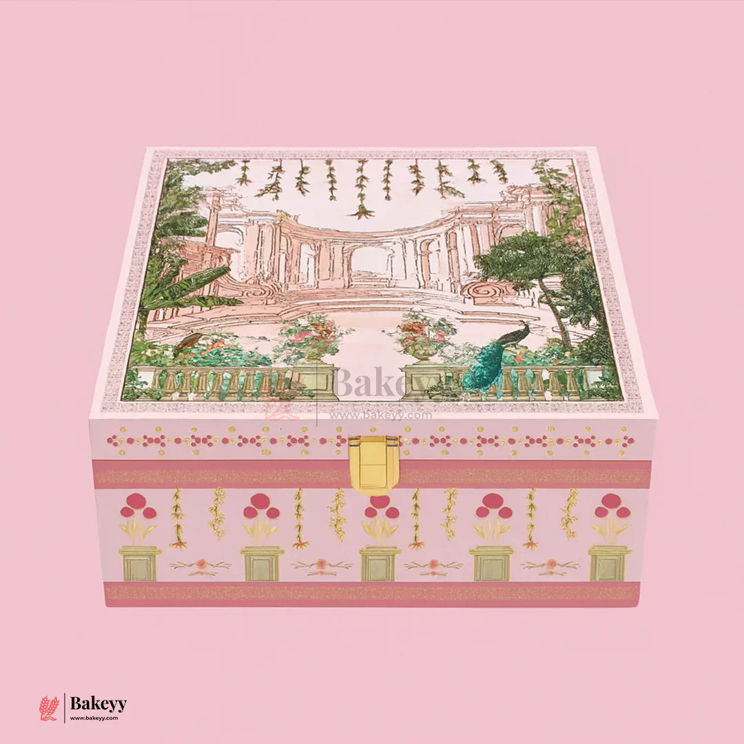 Elegant Pink Floral Peacock Square Gift Box with Satin Lining | Pack of 1 - Bakeyy.com - India - Elegant Pink Floral Peacock Square Gift Box with Satin Lining | Pack of 1 - Default Title