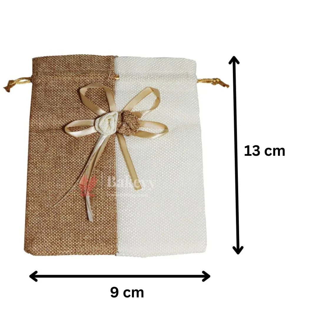 Brown & Cream Jute Potli Bag with Floral Accent | Traditional Potli Bag | Pack of 10