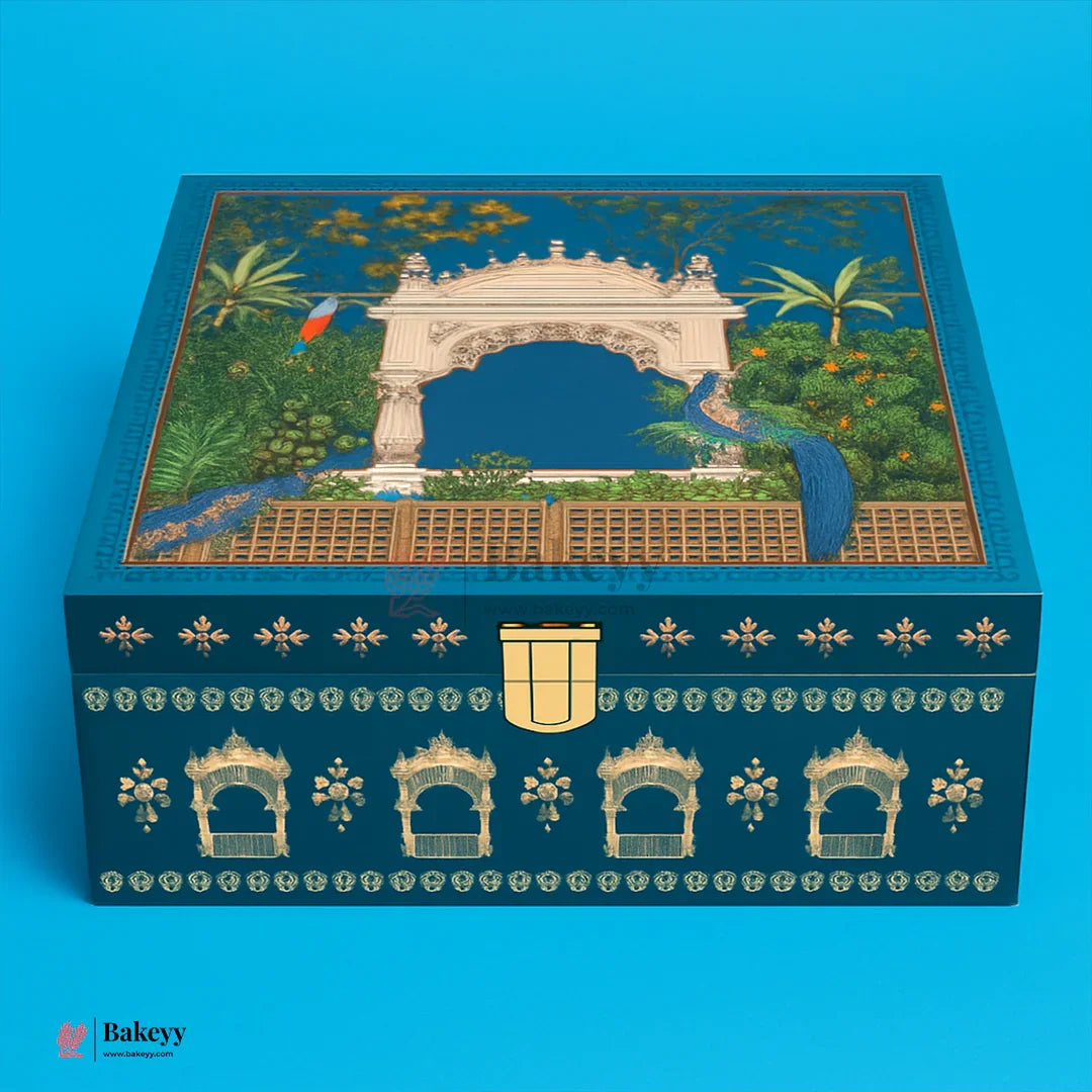 Luxury Peacock-Themed Decorative Square Gift Box with Golden Satin Lining | Pack of 1 - Bakeyy.com - India - Luxury Peacock-Themed Decorative Square Gift Box with Golden Satin Lining | Pack of 1 - Default Title