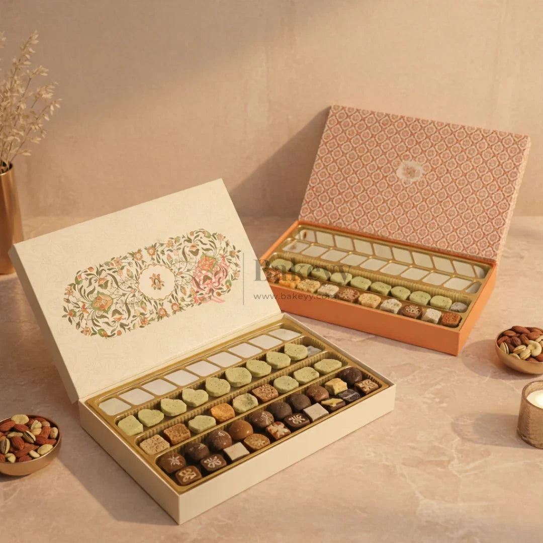 Capacity: Suitable for approx. 1 kg sweets or chocolates (depending on product type)
Premium rigid hardboard construction
Luxury floral printed lid design
Gold finish food-grade plastic inner tray
4 long compartments for organized arrangement
Ideal for Diwali, Weddings, Festive Hampers & Corporate Gifting