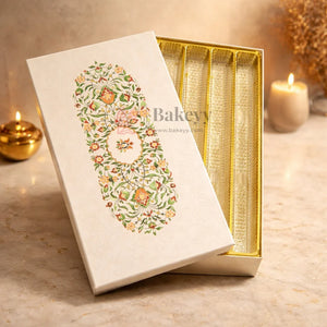 Capacity: Suitable for approx. 1 kg sweets or chocolates (depending on product type)
Premium rigid hardboard construction
Luxury floral printed lid design
Gold finish food-grade plastic inner tray
4 long compartments for organized arrangement
Ideal for Diwali, Weddings, Festive Hampers & Corporate Gifting