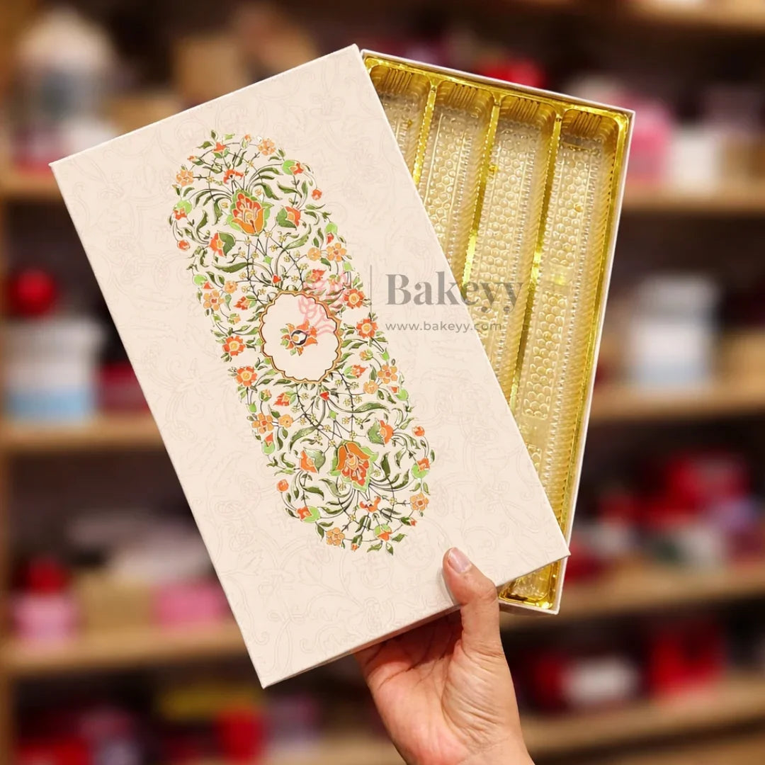 Capacity: Suitable for approx. 1 kg sweets or chocolates (depending on product type)
Premium rigid hardboard construction
Luxury floral printed lid design
Gold finish food-grade plastic inner tray
4 long compartments for organized arrangement
Ideal for Diwali, Weddings, Festive Hampers & Corporate Gifting