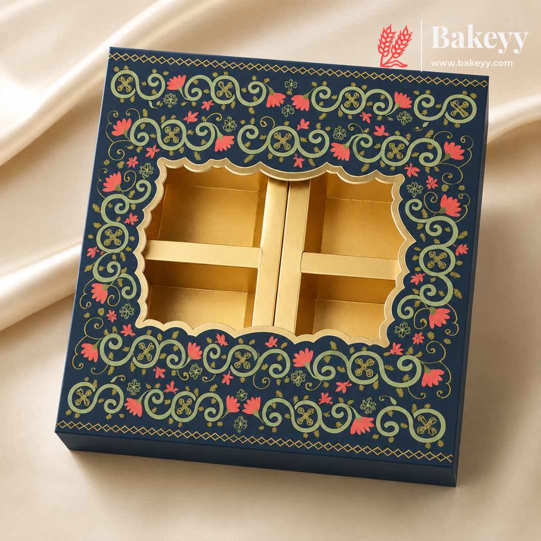 4 Cavity | Rigid Dry Fruit Box | Elegant Festive Hamper Box with Window Lid | Elegant Floral Design | Pack Of 1