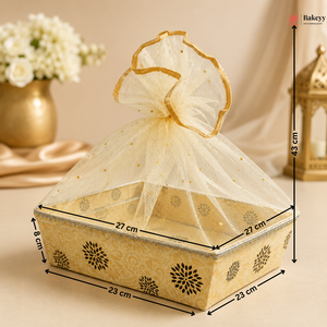 Decorative box with sheer cover and measurements on a beige background
