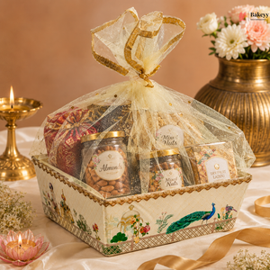 Decorative gift basket with assorted nuts and a bow, placed on a table with candles and flowers.