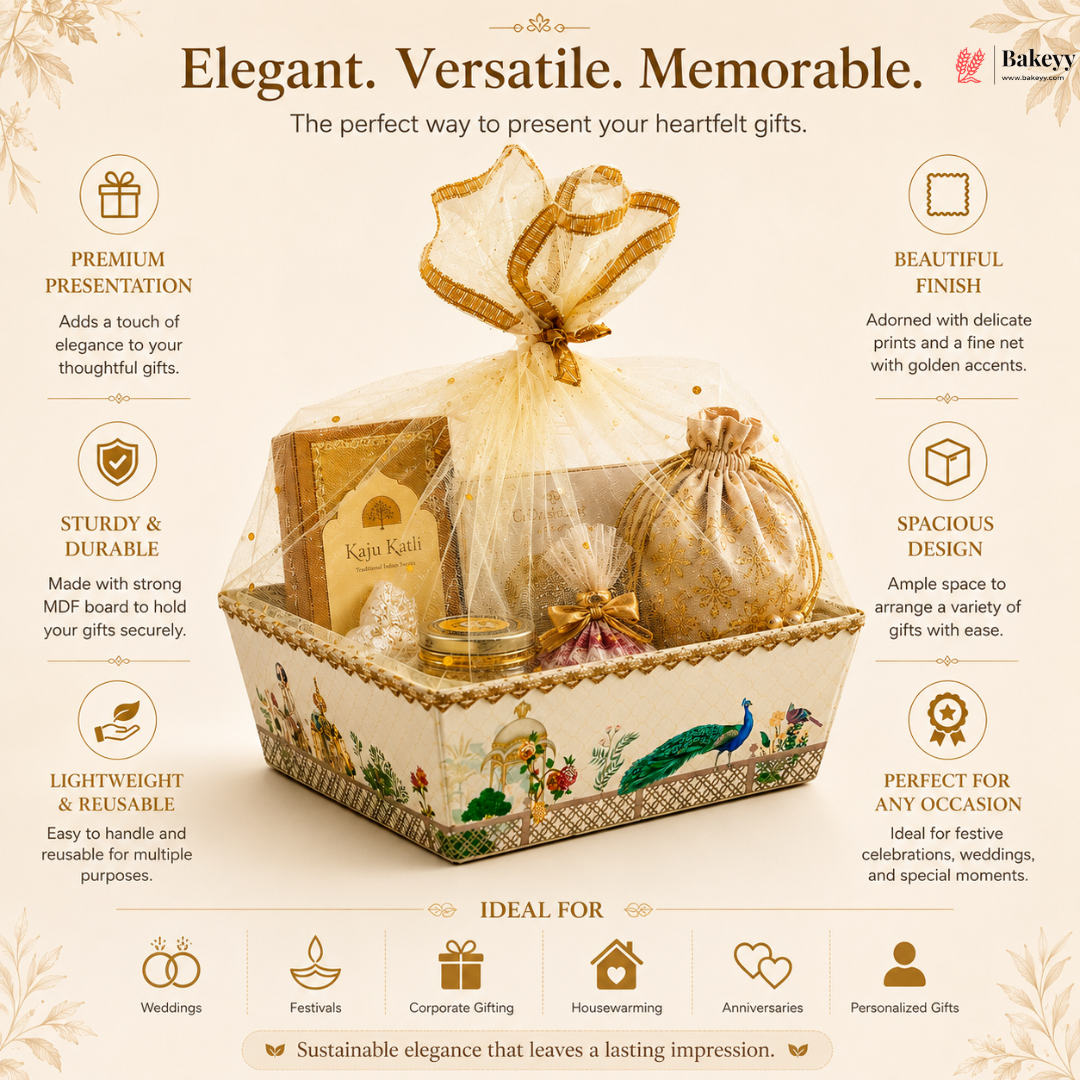 Decorative gift basket with gold accents on a beige background, featuring text about its features and uses.