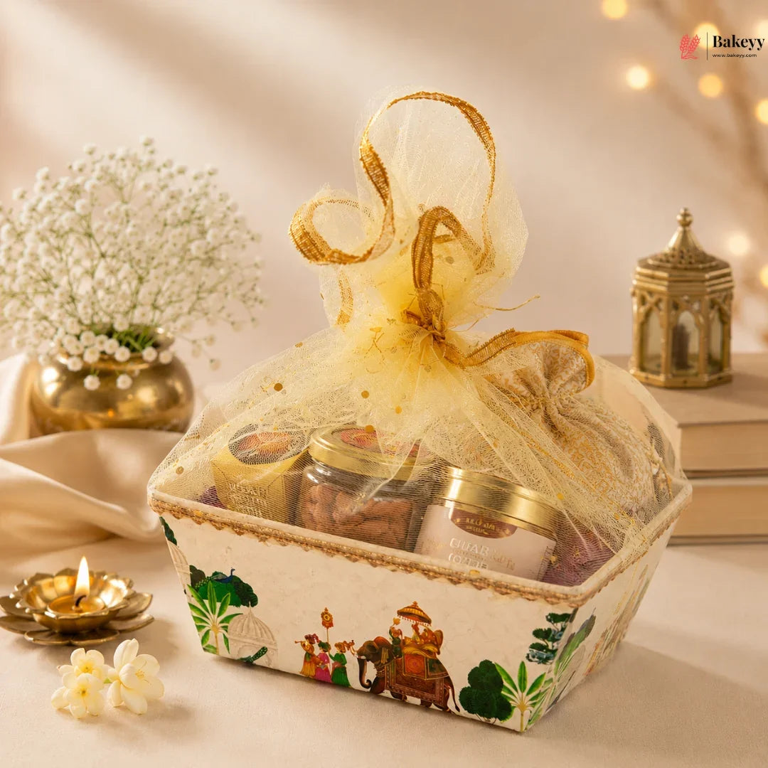 Decorative gift basket with jars and a gold ribbon on a soft background