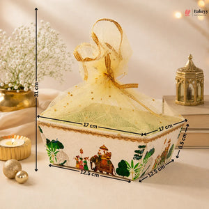 Decorative box with measurements and a bow, placed on a surface with a soft background.