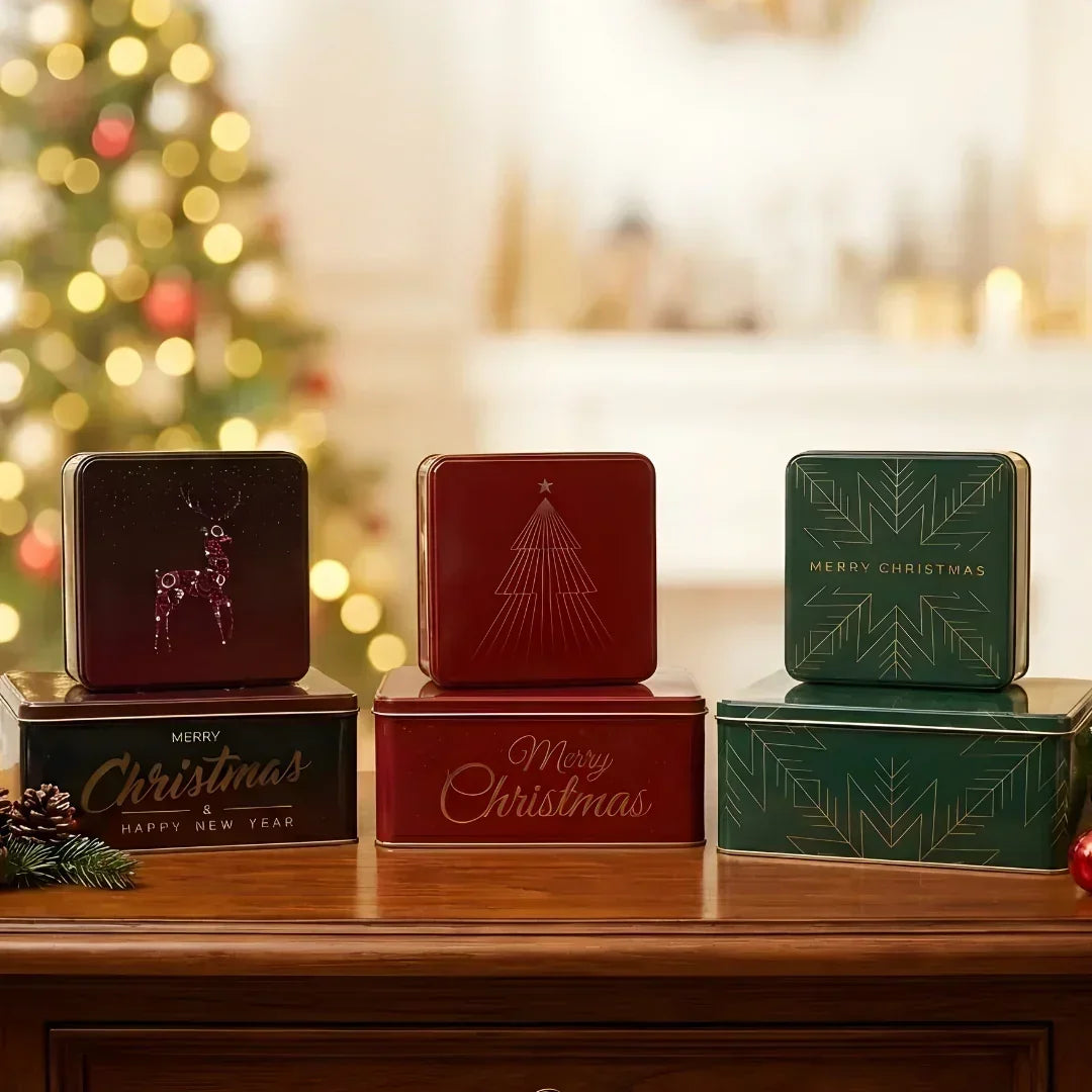 Christmas Hamper Square Tin Box | Hamper Box | Gift Box | Plum Cake Box - Bakeyy.com - India - Christmas Hamper Square Tin Box | Hamper Box | Gift Box | Plum Cake Box - Red / 6x6x2 Inch | Pack of 2 250.00