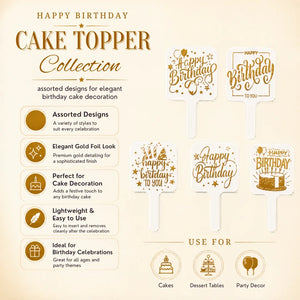 Cake topper collection with 'Happy Birthday' text on a beige background