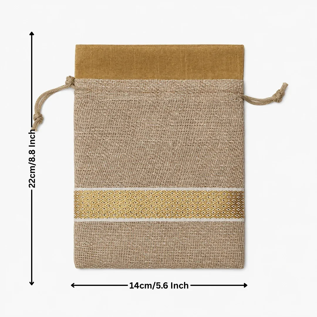 Natural fabric drawstring pouch with gold accents and measurements on a white background