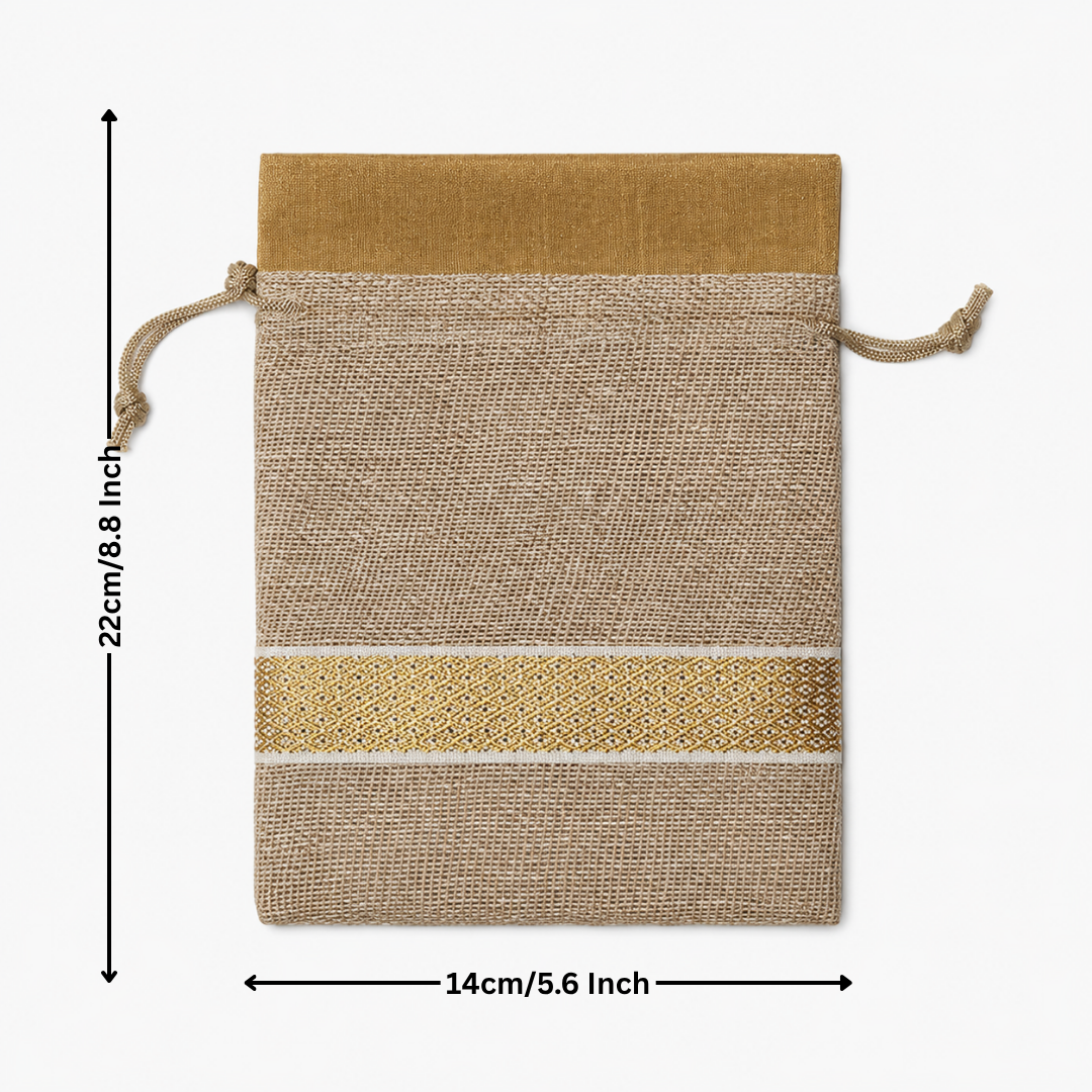 Natural fabric drawstring pouch with gold accents and measurements on a white background