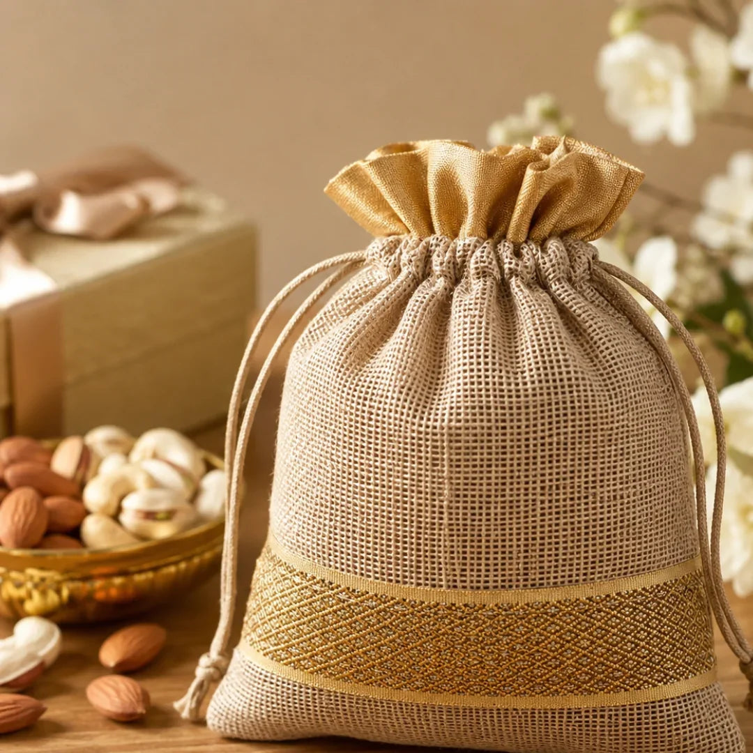 Beige drawstring bag on a wooden surface with nuts and flowers in the background