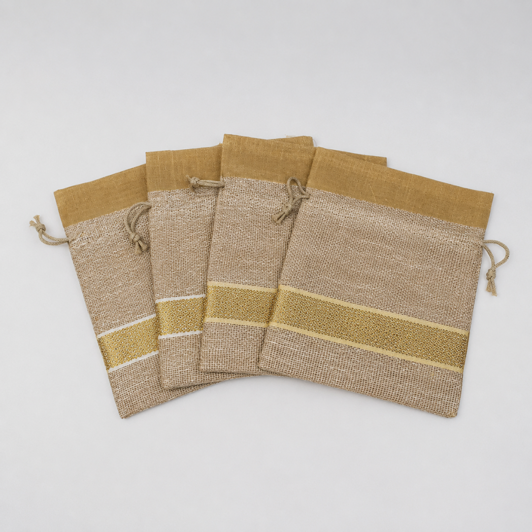 14x22 cm| Elegant Jute Cream Drawstring Gift Bag | Drawstring Bags | Pack of 10