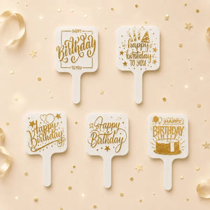 Five 'Happy Birthday' fans with gold text on a beige background with confetti.