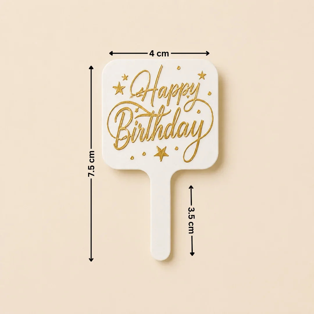 White paddle with 'Happy Birthday' text on a beige background