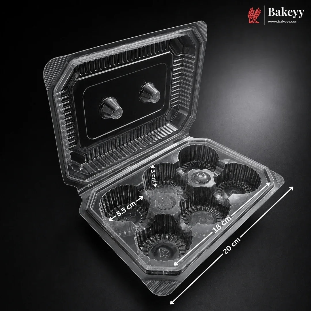 A clear plastic cupcake container with six individual cupcake liners, shown open on a dark background with dimension annotations indicating 20 cm length, 10 cm width, and 4.5 cm liner height.