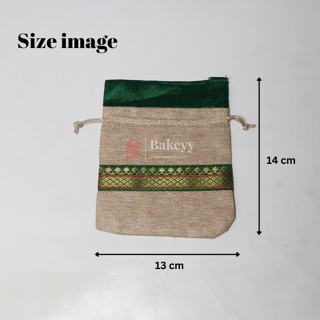 13x14 CM \ 5x6 inch| Elegant Jute  Green Drawstring Gift Bag | Drawstring Bags | Pack of 10
