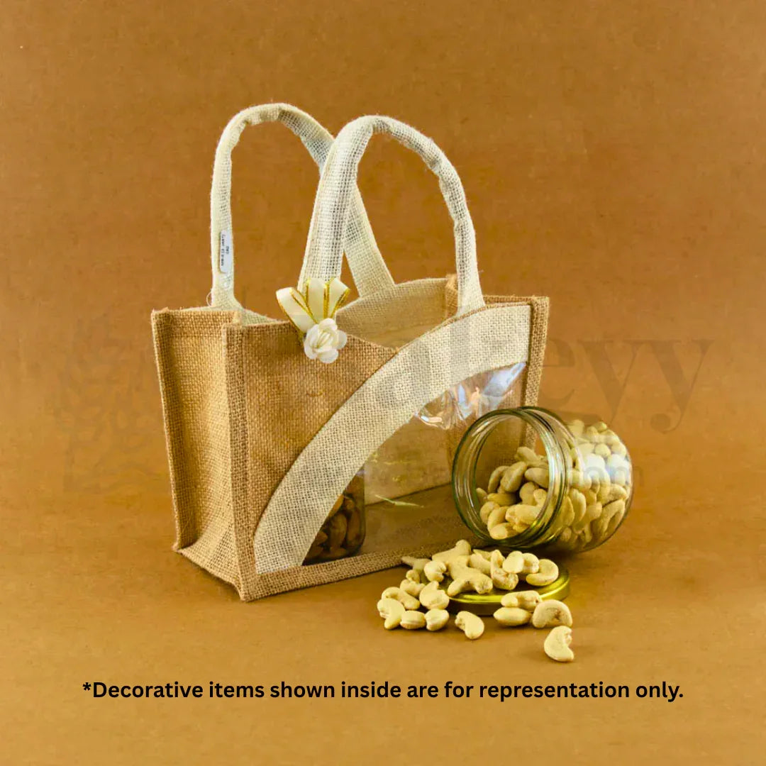 21x10x15 CM | Beige & Cream 2 Jar Ethnic Jute Gift Bag with Window & Handle – 1 Piece