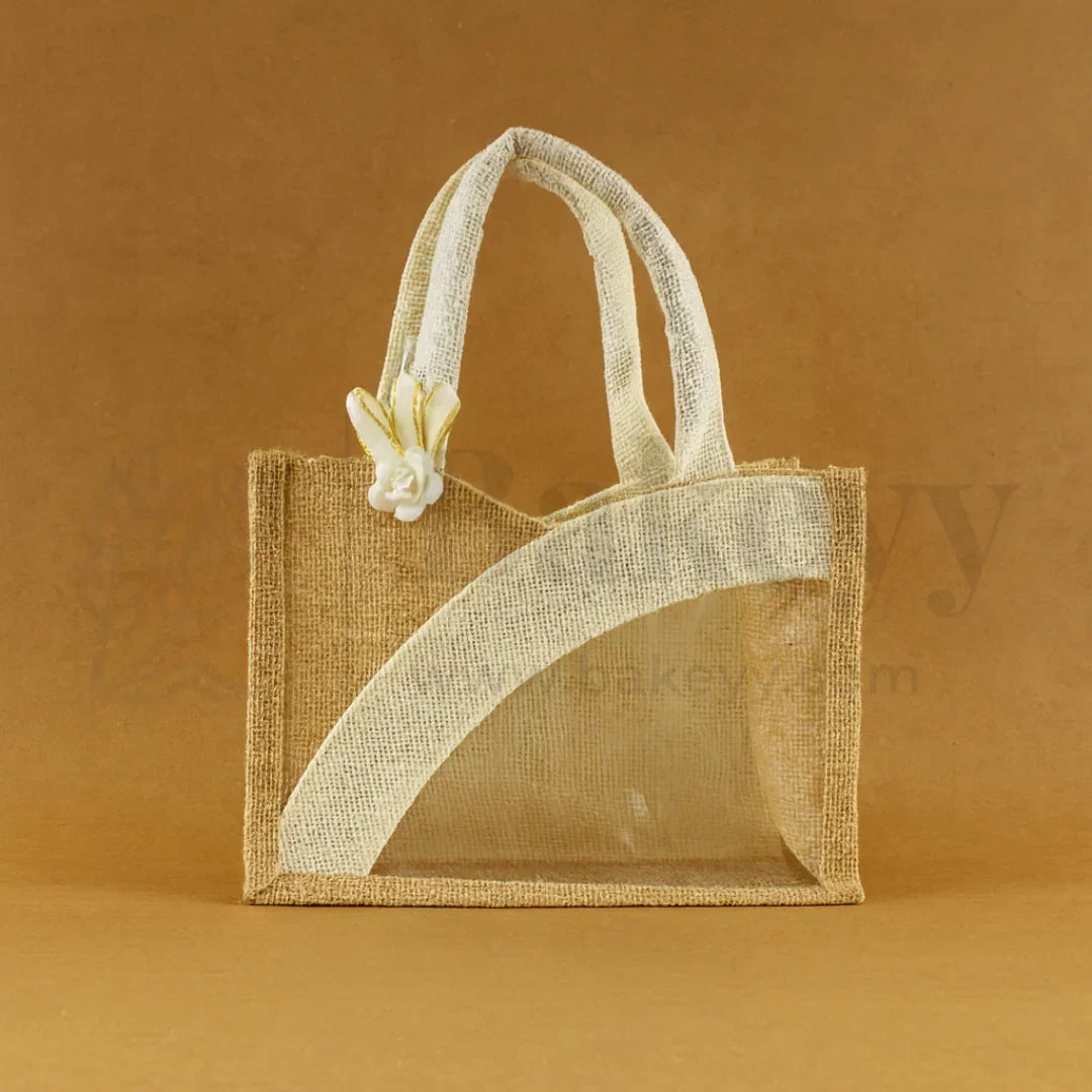21x10x15 CM | Beige & Cream 2 Jar Ethnic Jute Gift Bag with Window & Handle – 1 Piece