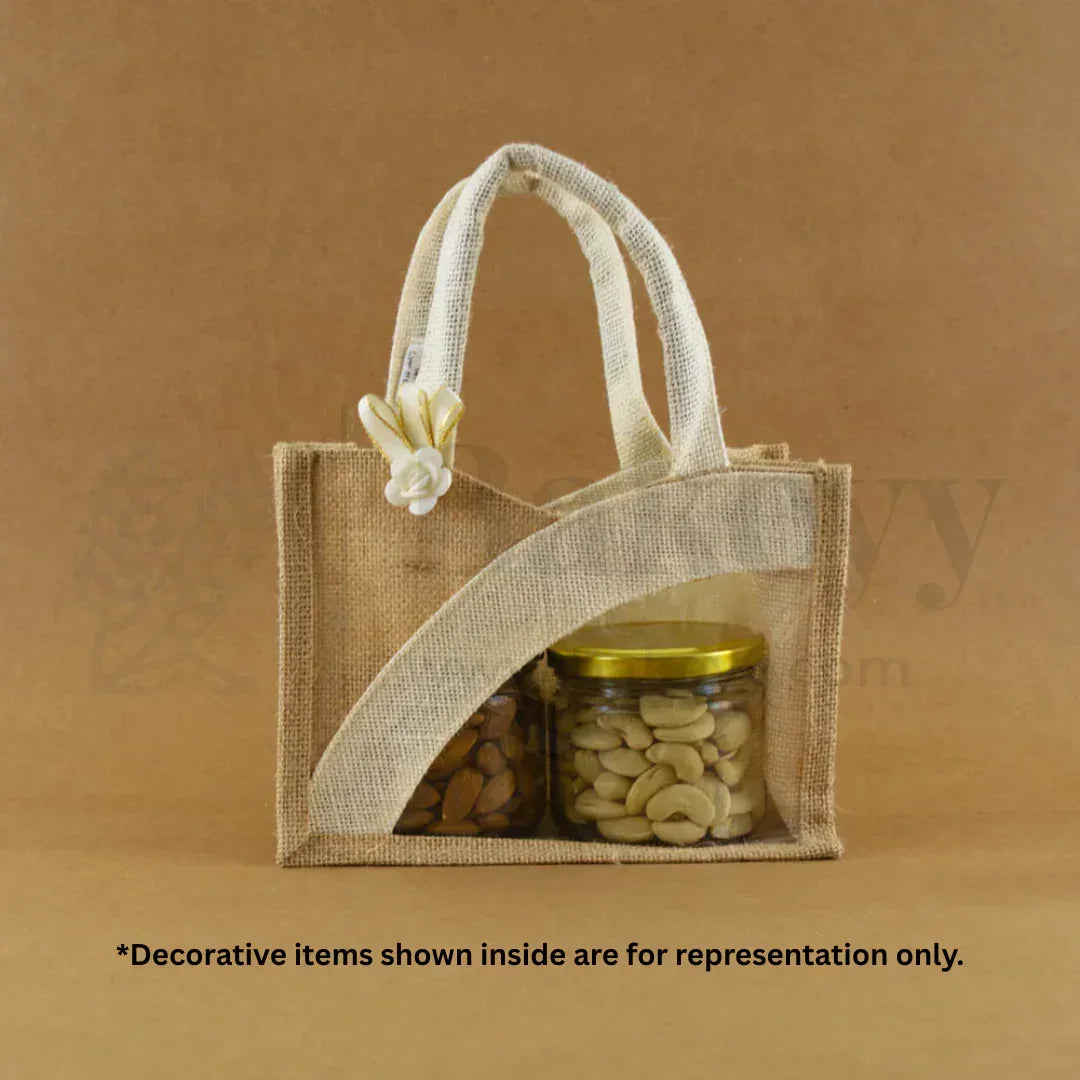 21x10x15 CM | Beige & Cream 2 Jar Ethnic Jute Gift Bag with Window & Handle – 1 Piece