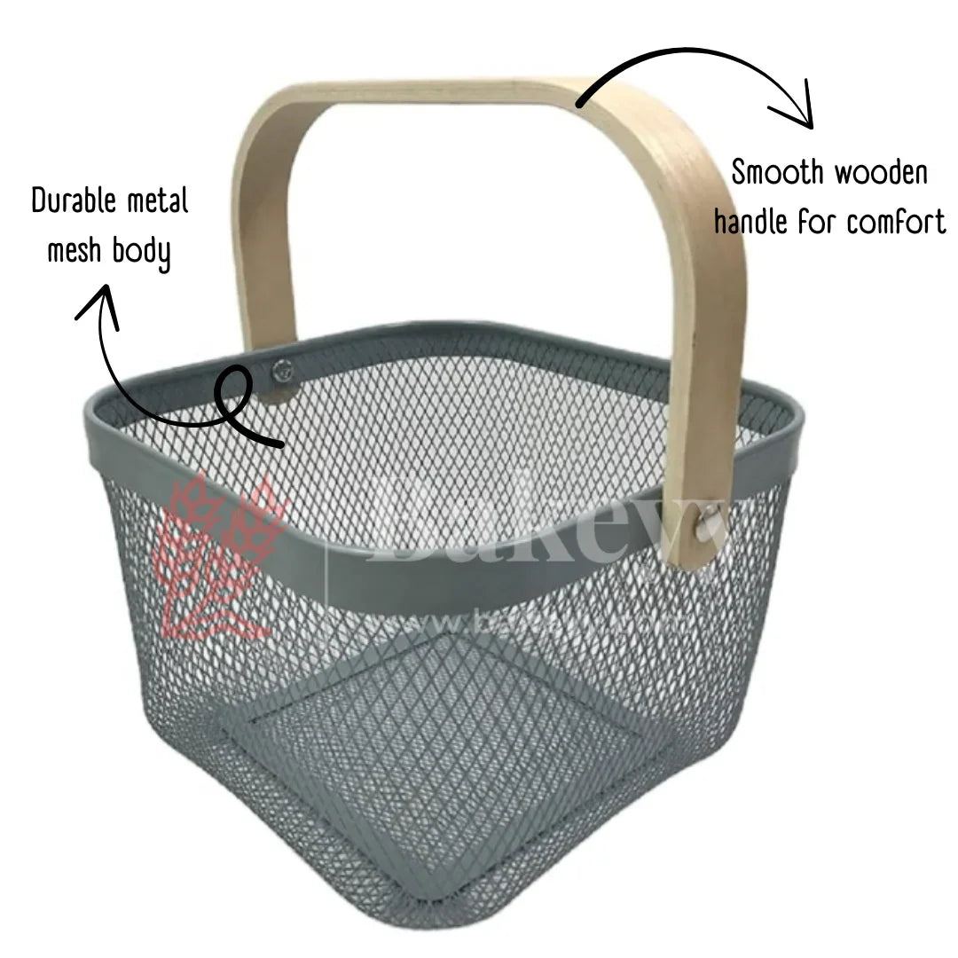 24x24x18 cm | Steel Grey Metal Basket with Wooden handle | 1 Piece