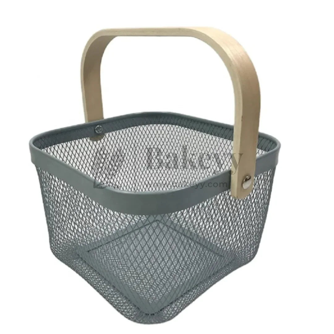 24x24x18 cm | Steel Grey Metal Basket with Wooden handle | 1 Piece