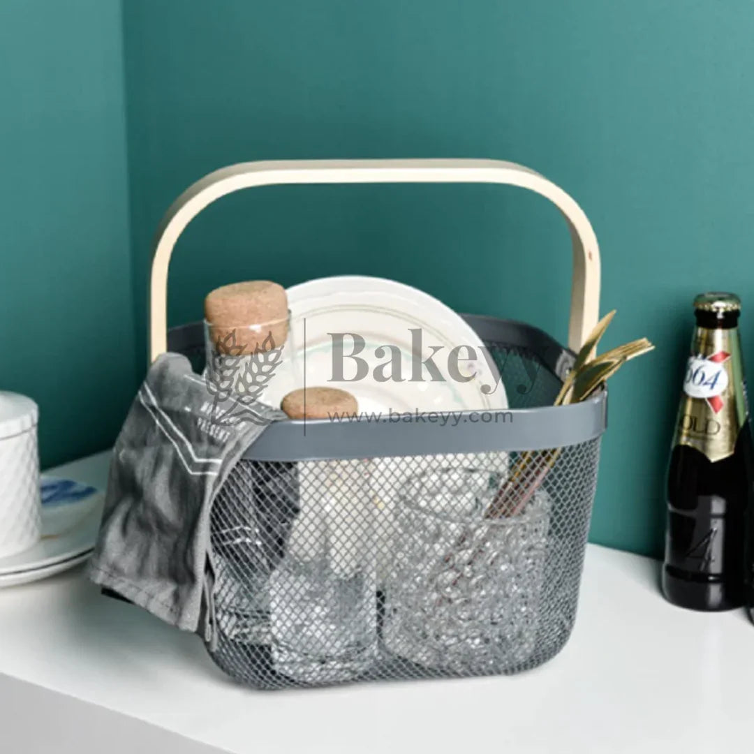 24x24x18 cm | Steel Grey Metal Basket with Wooden handle | 1 Piece
